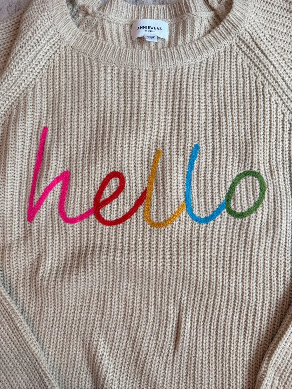 Cream Embroidered 'Hello' Crewneck Sweater - Women